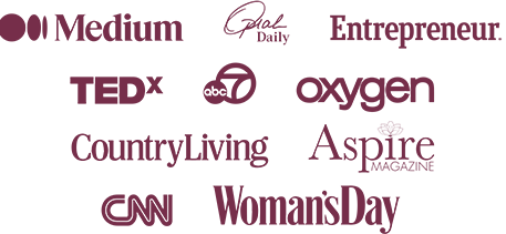 Logos of Medium, Oprah Daily, Entrepreneur Magazine, Ted-X, ABC 7, CountryLiving, Aspire, CNN, Women's Day